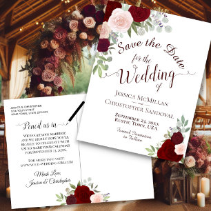 Elegant Burgundy & Red Roses Wedding Save the Date Announcement Postcard