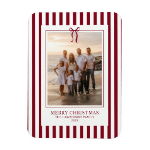 Elegant Burgundy Red Stripe Christmas Family Photo Magnet