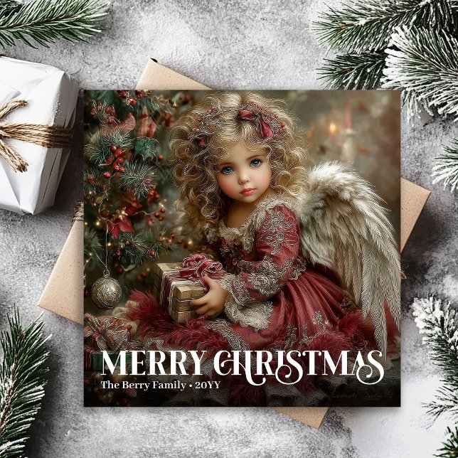 Elegant Burgundy Red Victorian Angel Christmas Car Holiday Card (Elegant Burgundy Red Victorian Angel Christmas Card)