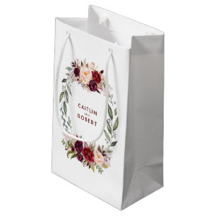 Elegant Burgundy Red Watercolor Flowers Wedding Small Gift Bag