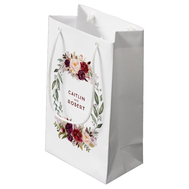 Elegant Burgundy Red Watercolor Flowers Wedding Small Gift Bag (Back Angled)