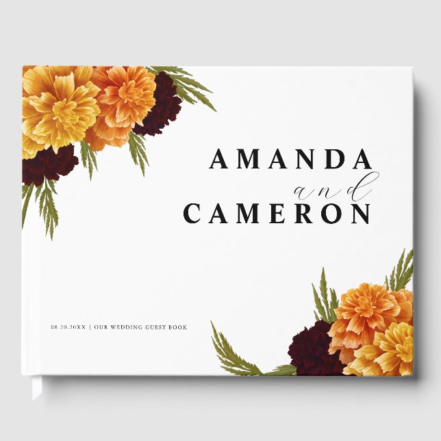 Elegant Burgundy Red Watercolor "MARIGOLD" Wedding Guest Book (Front)