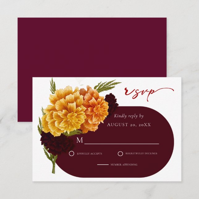Elegant Burgundy Red Watercolor MARIGOLD Wedding  RSVP Card (Front/Back)