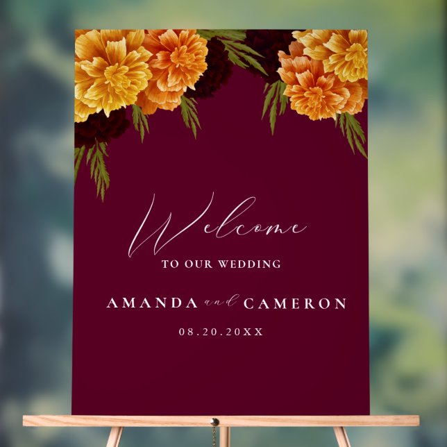 Elegant Burgundy Red Watercolor"MARIGOLD"Welcome  Acrylic Sign (Neutral)