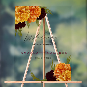 Elegant Burgundy Red Watercolor"MARIGOLD"Welcome  Acrylic Sign