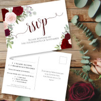 Elegant Burgundy Red Watercolor Roses Wedding RSVP