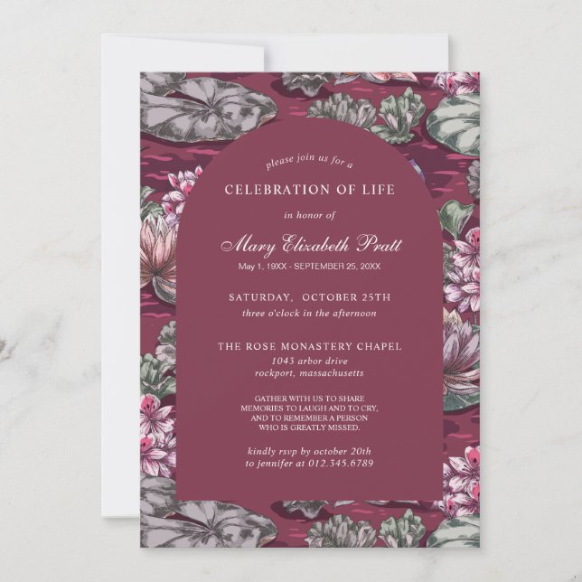 Elegant Burgundy Red Waterlily Funeral Invitation (Front)