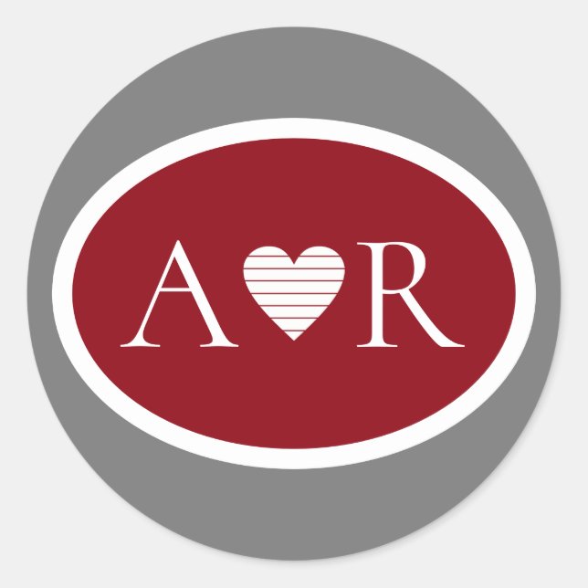 elegant burgundy red wedding love monogram  classic round sticker (Front)