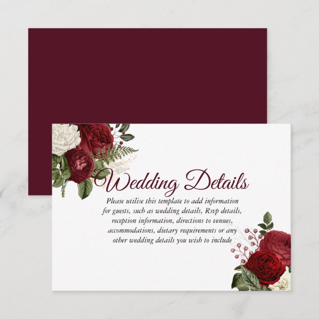 Elegant Burgundy Red White Floral Wedding Details Invitation (Front/Back)