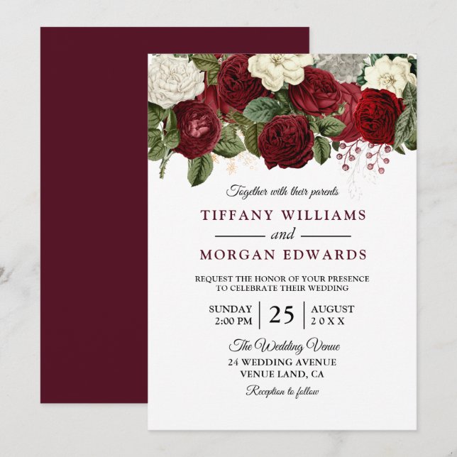 Elegant Burgundy Red White Floral Wedding Invite (Front/Back)