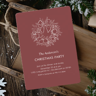 Elegant Burgundy Red Wreath Christmas Party Invitation