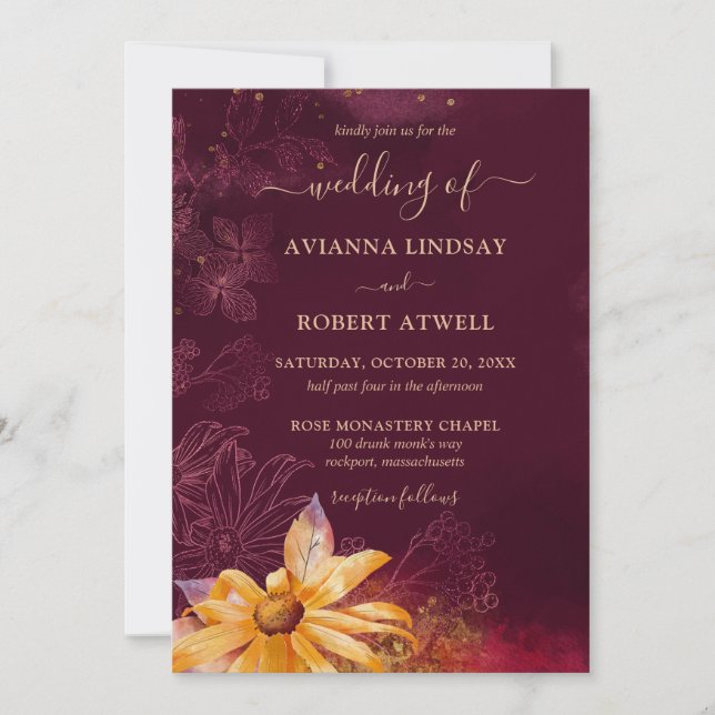 Elegant Burgundy Red Yellow Sunflower Wedding Invitation (Front)