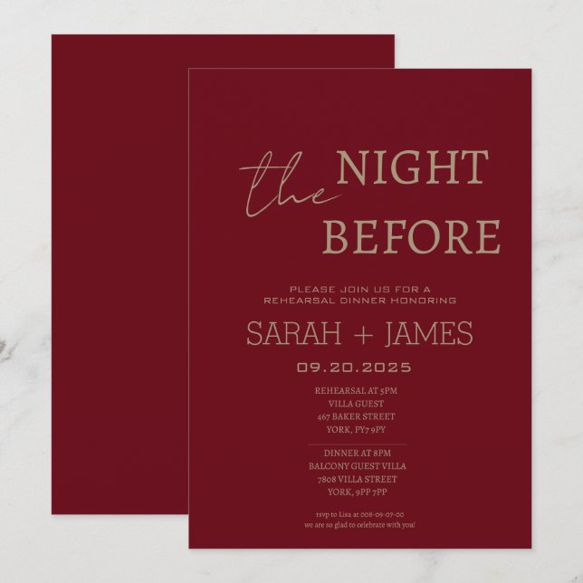 Elegant Burgundy Rehearsal Dinner Wedding  Invitation (Front/Back)