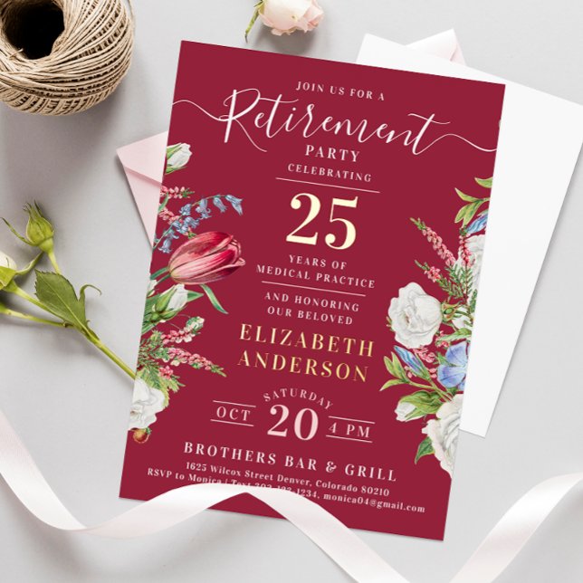 Elegant Burgundy Retirement Floral Foil Invitation (Creator Uploaded)