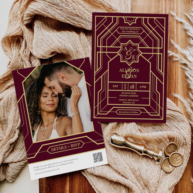 Elegant Burgundy Retro Art Deco Gold QR Code Photo Invitation (Creator Uploaded)