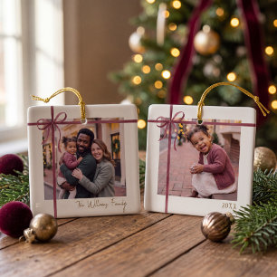 Elegant Burgundy Ribbon Photo Ceramic Ornament