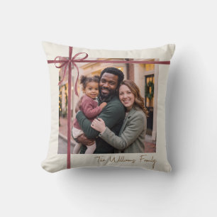 Elegant Burgundy Ribbon Photo Cushion
