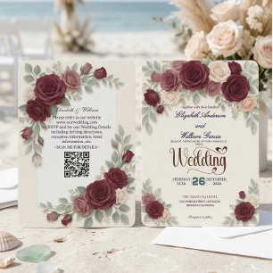 Elegant Burgundy Rose All In One QR Code Wedding Invitation