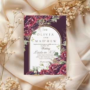 Elegant Burgundy Rose and Gold Florals Wedding  Invitation