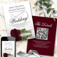 Elegant Burgundy Rose Fancy Script QR Code Wedding