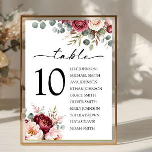 Elegant Burgundy Rose Floral Wedding Names Table Number