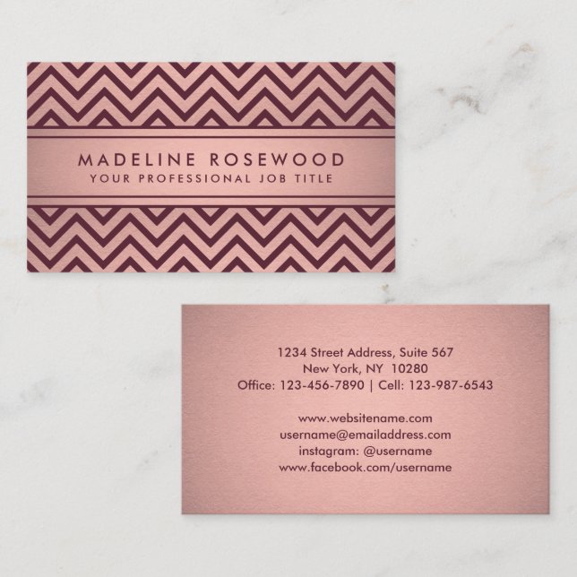 Elegant Burgundy & Rose Gold Faux Foil Chevron Business Card (Front/Back)