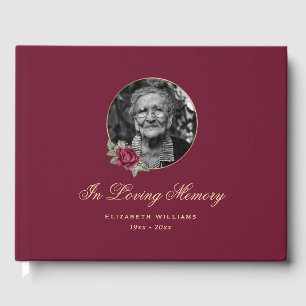 Elegant Burgundy Rose Gold Floral Funeral Photo Guest Book