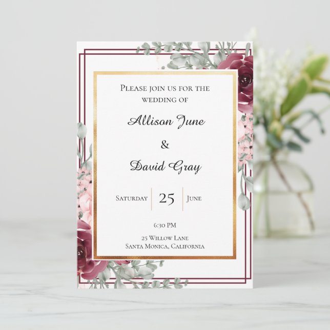 Elegant Burgundy Rose Gold Framed Wedding Invitation (Standing Front)
