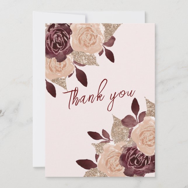 Elegant Burgundy Rose Gold Glitter Floral Photo Thank You Card (Front)