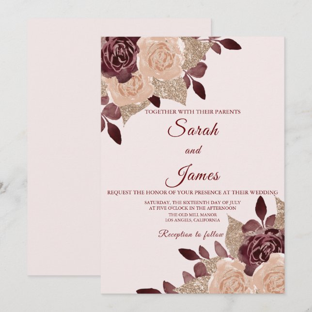 Elegant Burgundy Rose Gold Glitter Floral Wedding Invitation (Front/Back)