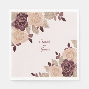 Elegant Burgundy Rose Gold Glitter Floral Wedding Napkin