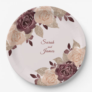 Elegant Burgundy Rose Gold Glitter Floral Wedding Paper Plate