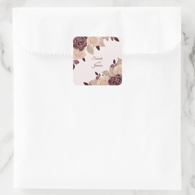 Elegant Burgundy Rose Gold Glitter Floral Wedding Square Sticker (Bag)