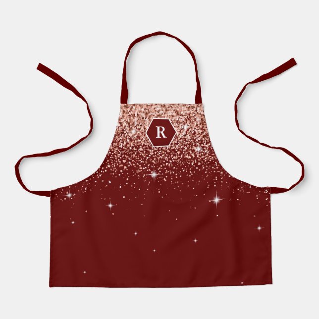 Elegant Burgundy Rose Gold Glitter Monogram Apron (Front)
