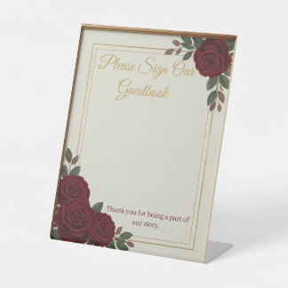 Elegant Burgundy Rose & Gold Guestbook Wedding Sig Pedestal Sign