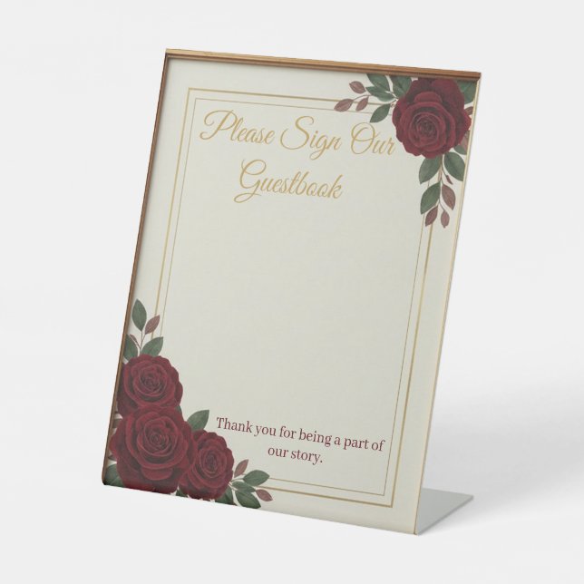 Elegant Burgundy Rose & Gold Guestbook Wedding Sig Pedestal Sign (Front)