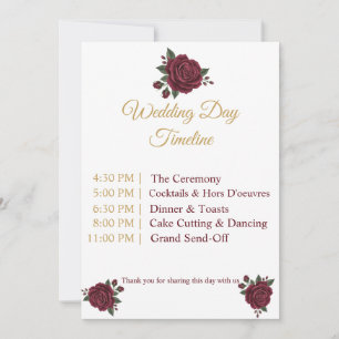 Elegant Burgundy Rose & Gold Wedding Day Timeline 