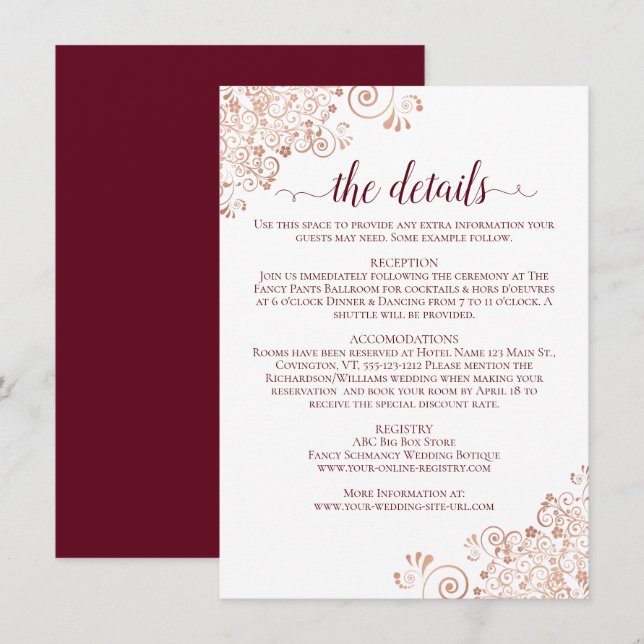 Elegant Burgundy & Rose Gold Wedding Details Enclosure Card (Front/Back)
