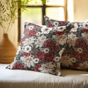 Elegant Burgundy Rose Grey Floral Pattern Cushion