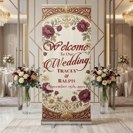 Elegant Burgundy Rose Jewel Tones Ornate Wedding Retractable Banner