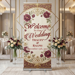 Elegant Burgundy Rose Jewel Tones Ornate Wedding Retractable Banner