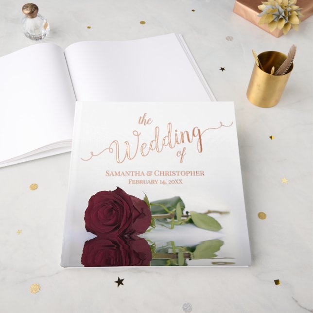 Elegant Burgundy Rose Large Wedding Foil Guest Book (Front Open)