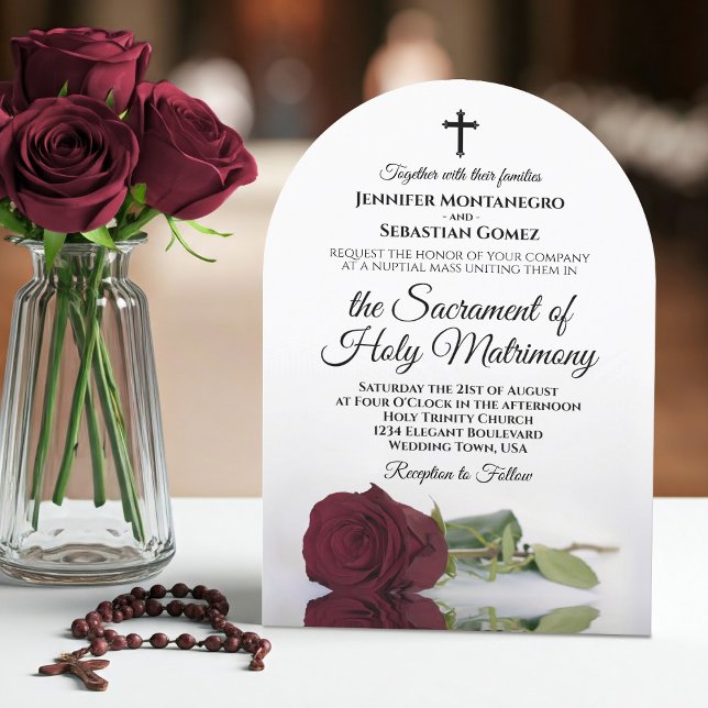Elegant Burgundy Rose Modern Catholic Wedding Arch Invitation (With Arch Cut)