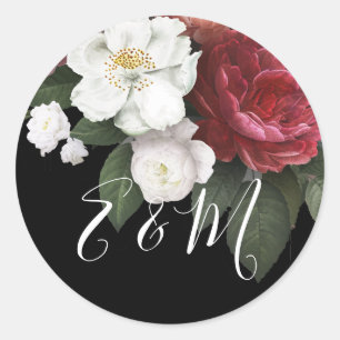 Elegant Burgundy Rose Monogram Wedding Classic Round Sticker