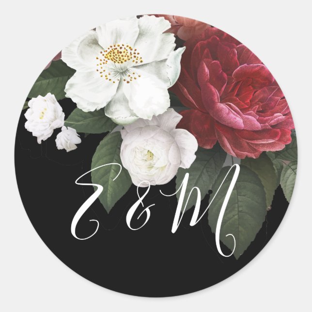 Elegant Burgundy Rose Monogram Wedding  Classic Round Sticker (Front)