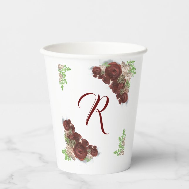 Elegant Burgundy Rose Monogrammed Paper Cups (Front)