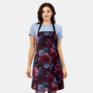 Elegant Burgundy Rose Navy Floral Pattern Apron