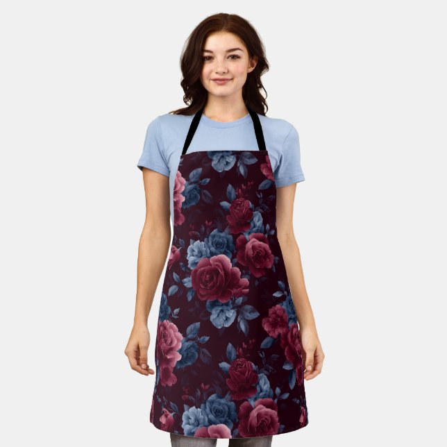 Elegant Burgundy Rose Navy Floral Pattern Apron (Worn)