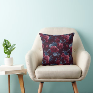 Elegant Burgundy Rose Navy Floral Pattern Cushion