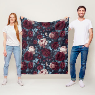 Elegant Burgundy Rose Navy Floral Pattern Fleece Blanket